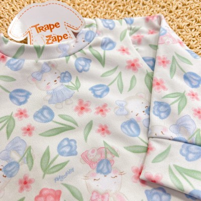 Conj. Blusa Ursinha com Plantinhas em Malha Térmica e Calça Legging - Branco e Rose